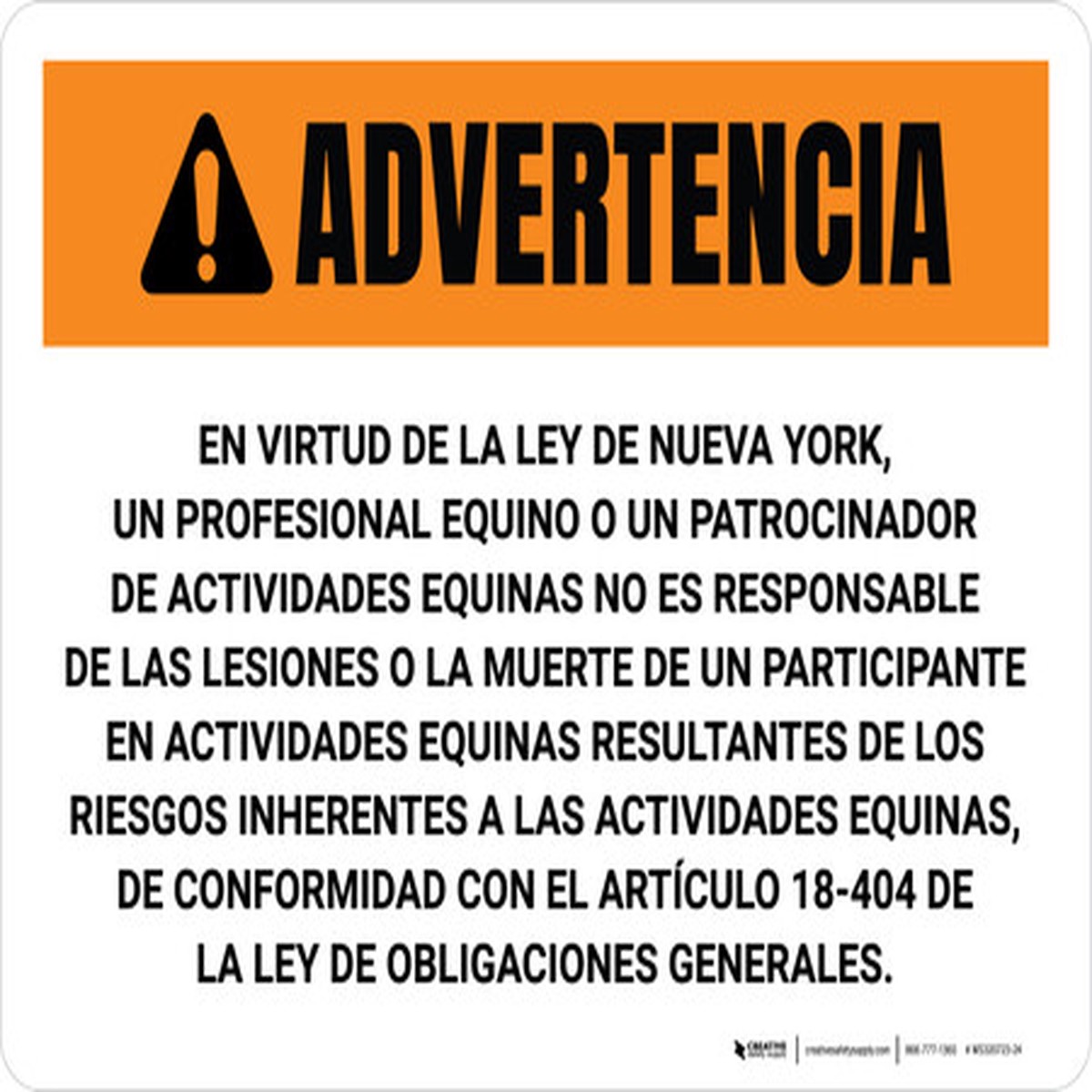 Advertencia – El Profesional Equino de Nueva York no es Responsable Horizontal – Wall Sign