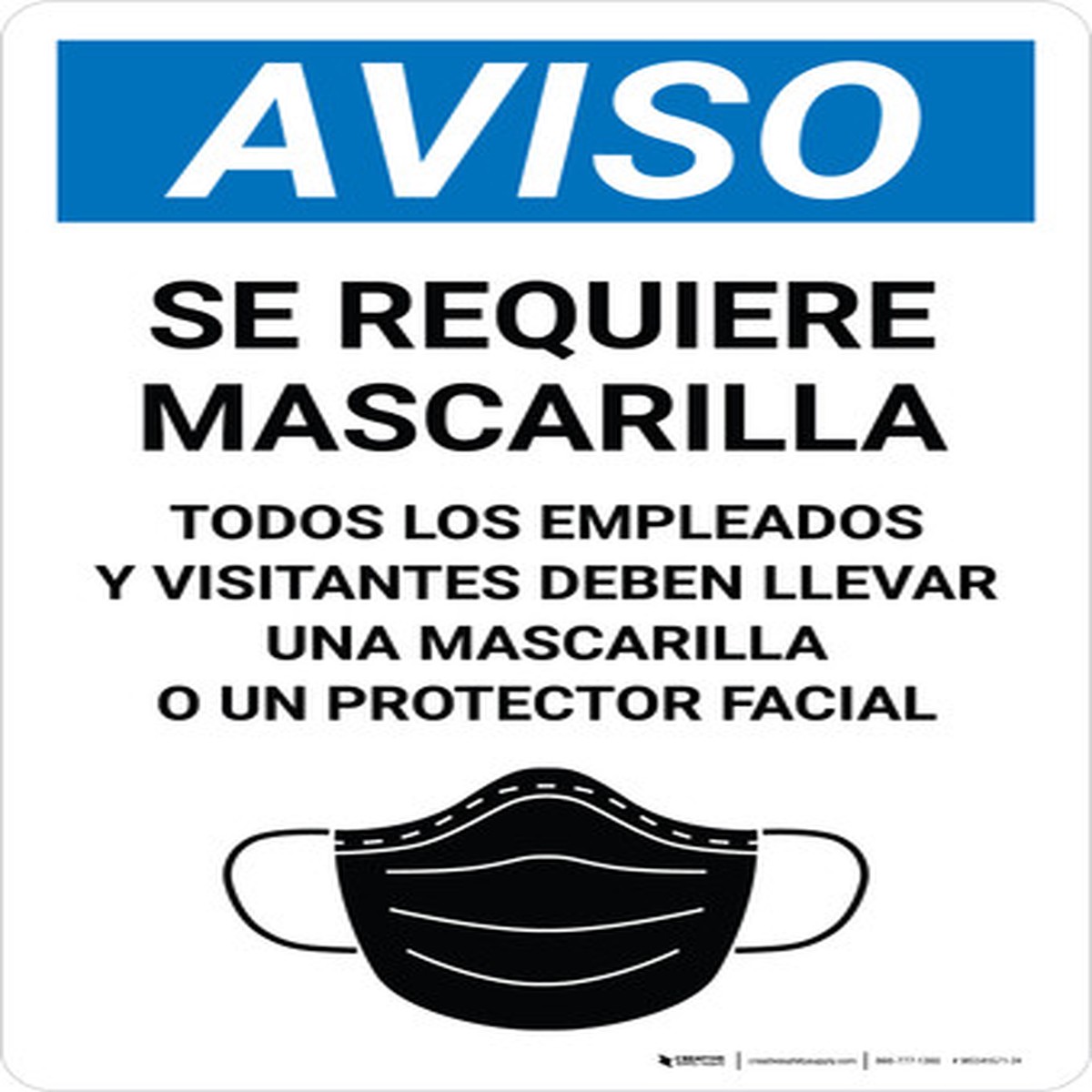 Aviso – Se Requiere Mascarilla- Todos los Empleados y Visitantes Deben Llevar una Mascarilla Vertical – Wall Sign